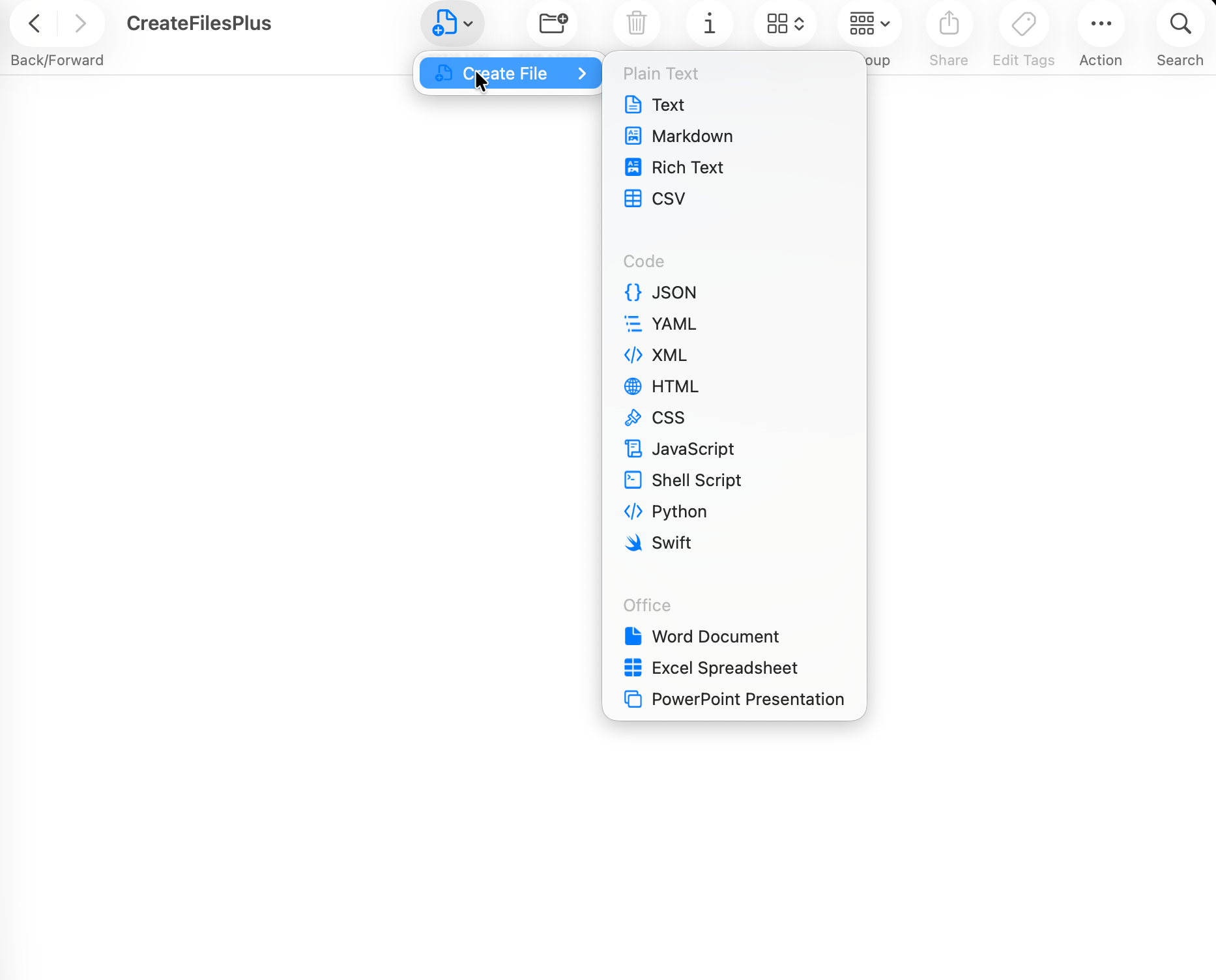 CreateFiles+ app window for Create CSV File on Mac - Blank .csv Files from Finder