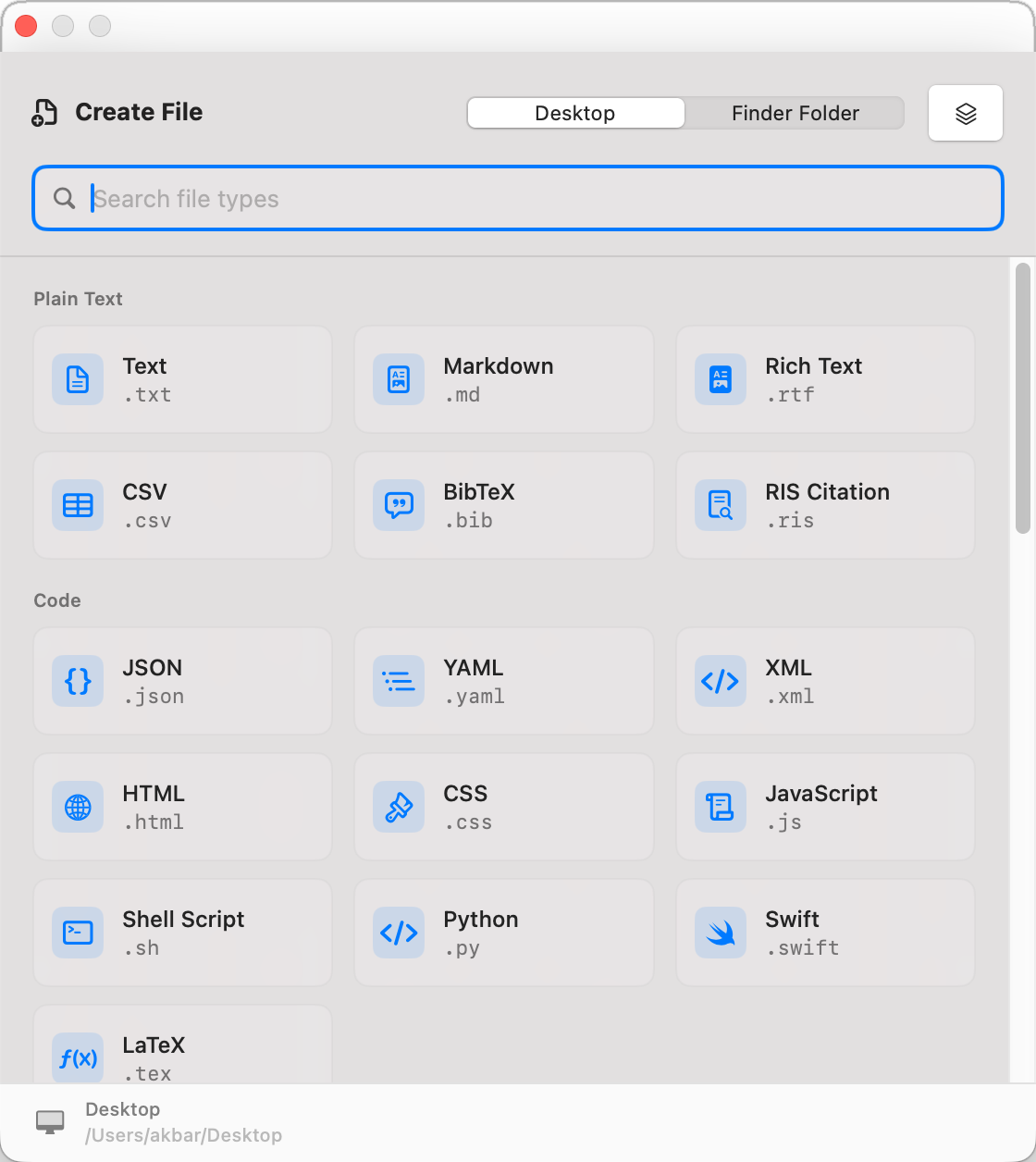 CreateFiles+ Quick Create window with JSON selected as the new file type
